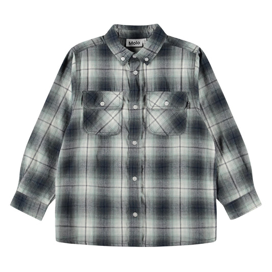 Plaid shirt with a brand logo on a white background