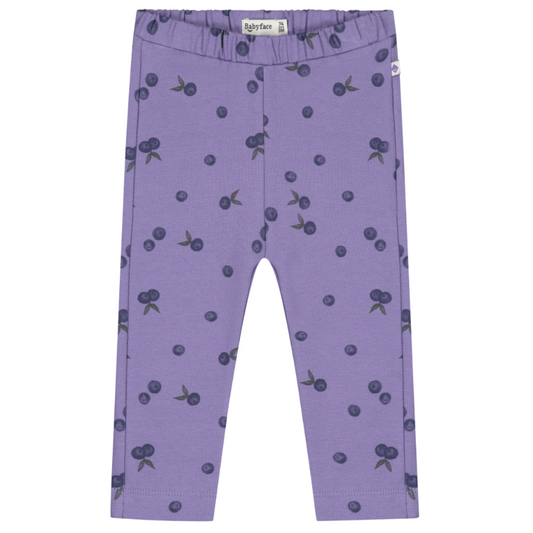 Purple leggings with a dark berry print, featuring an elastic waistband and side pockets, shown flat on a white background.