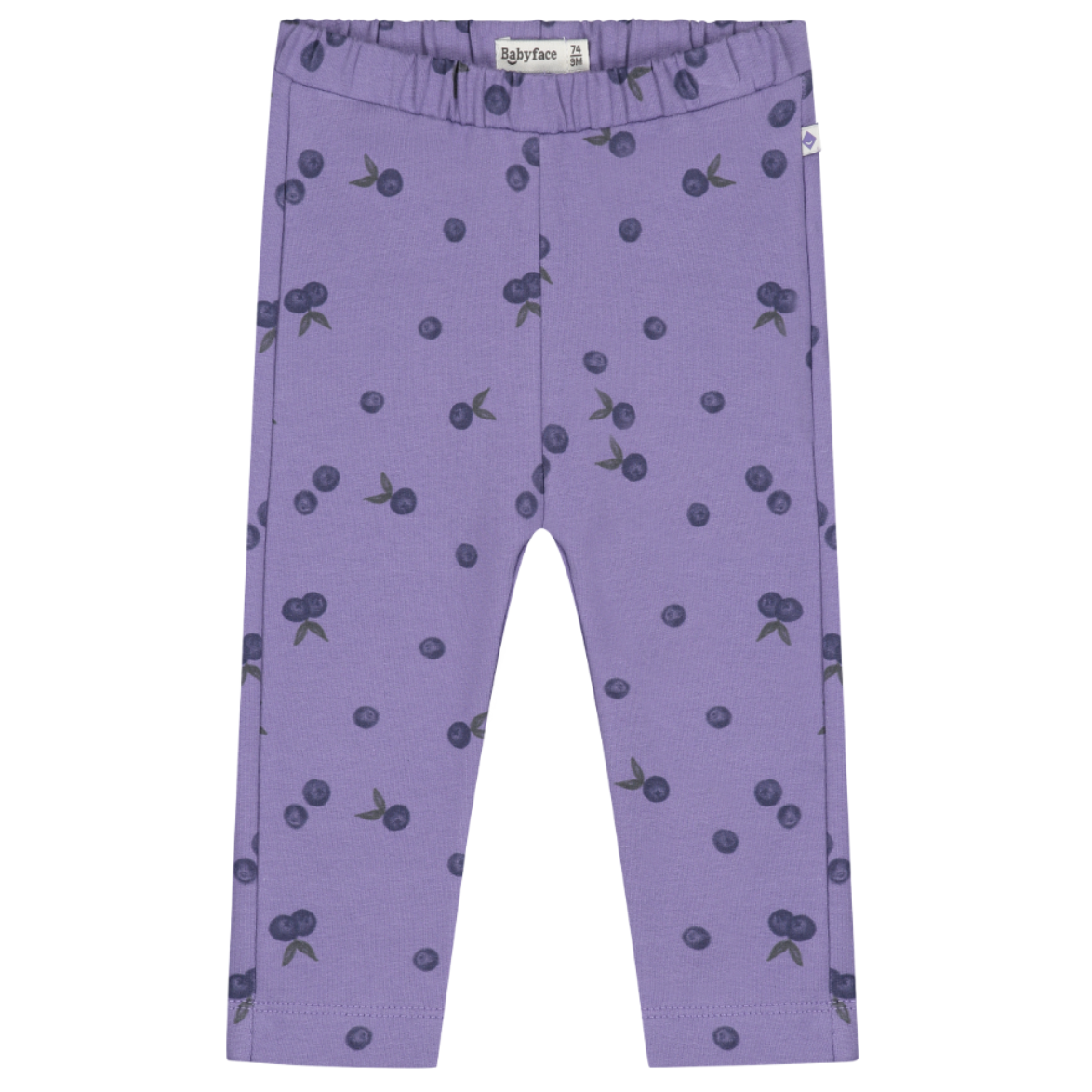 Purple leggings with a dark berry print, featuring an elastic waistband and side pockets, shown flat on a white background.
