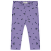 Purple leggings with a dark berry print, featuring an elastic waistband and side pockets, shown flat on a white background.
