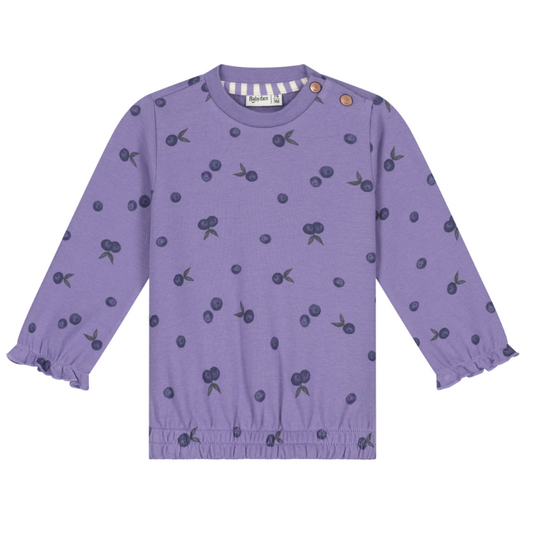 A children's long-sleeve top in lavender purple with an all-over dark berry print, featuring a crew neck, button details at the collar, and elasticized cuffs and hem, shown flat on a white background.