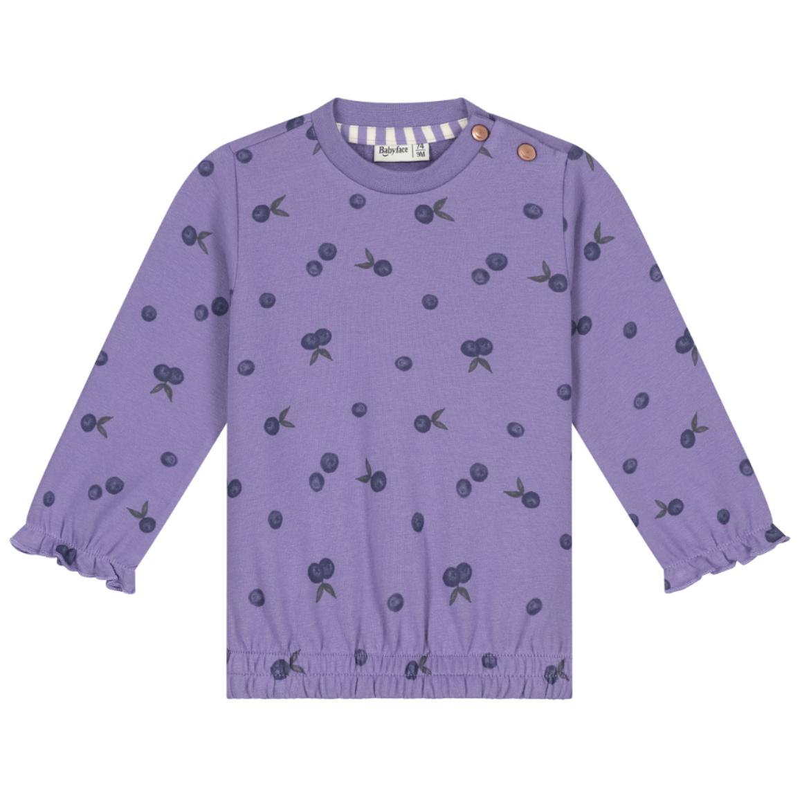 A children's long-sleeve top in lavender purple with an all-over dark berry print, featuring a crew neck, button details at the collar, and elasticized cuffs and hem, shown flat on a white background.