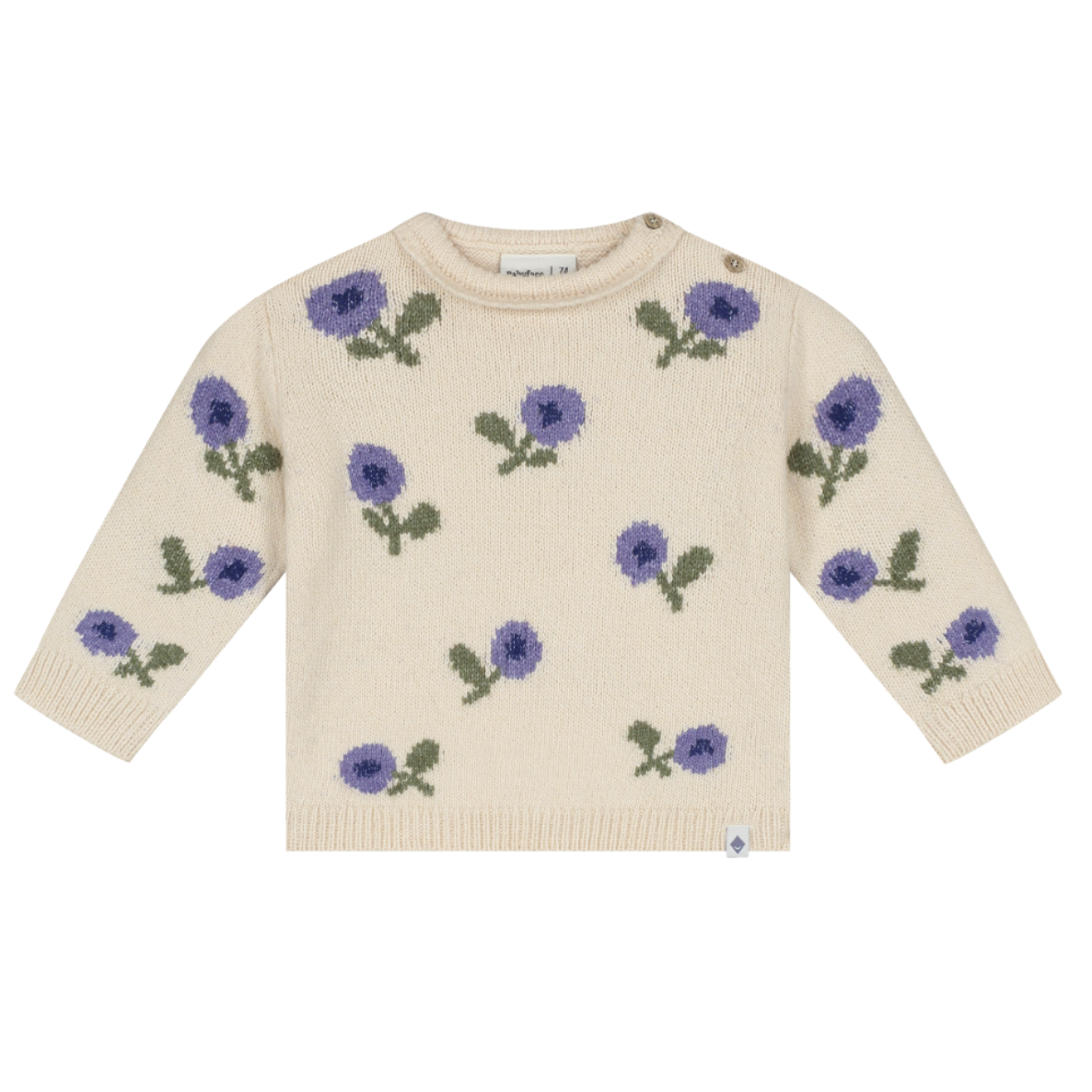 A cream-colored knit sweater with an all-over pattern of purple flowers and green leaves, displayed flat against a solid white background.