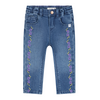 A pair of blue denim cropped pants for kids, featuring purple floral embroidery running down both sides of the legs, displayed on a solid white background.