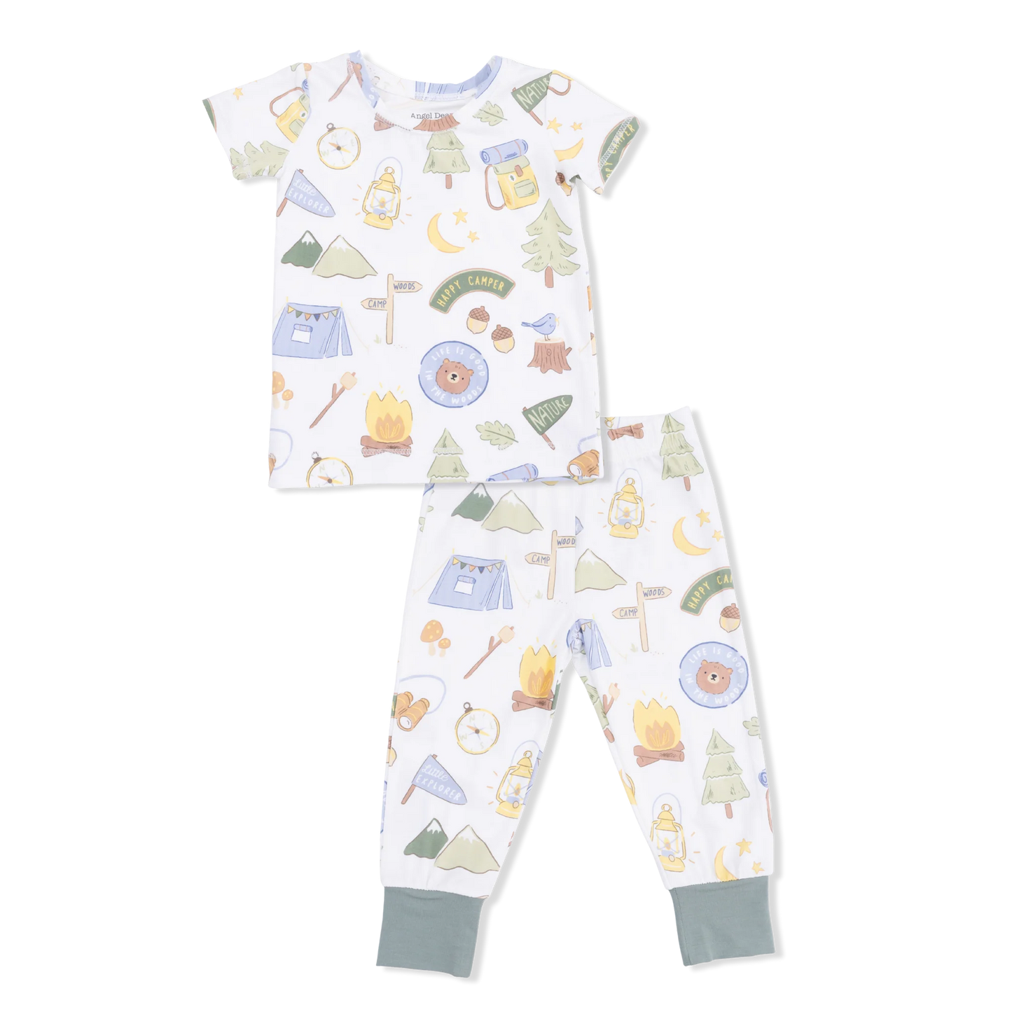 Children's pajama set with nature-themed print on a white background