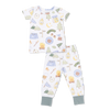 Children's pajama set with nature-themed print on a white background