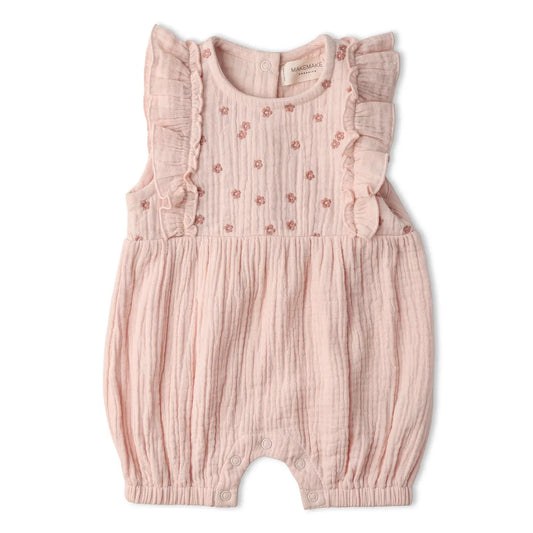Pink baby romper with ruffled sleeves 
