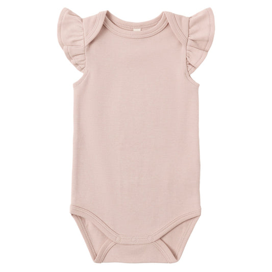 Pink baby onesie with ruffled sleeves