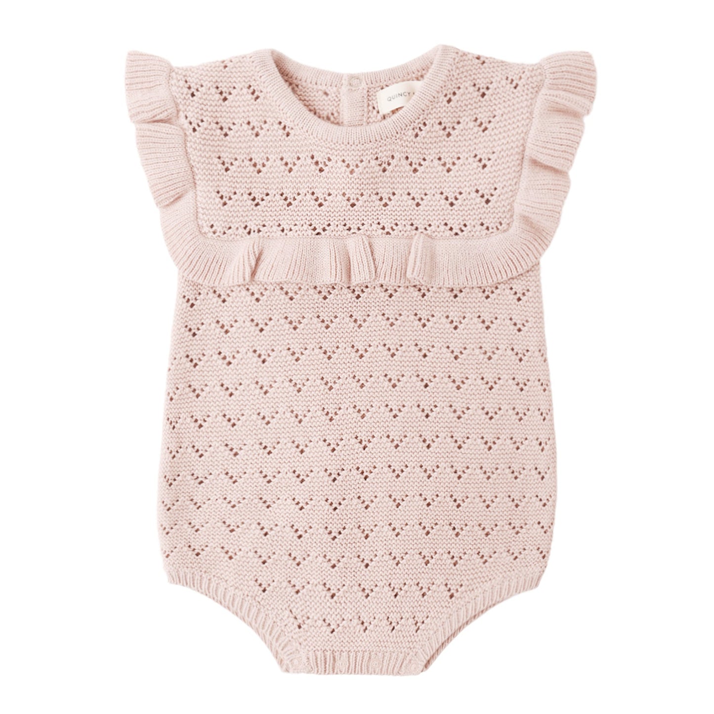 Pink knitted baby romper with ruffled details on a white background