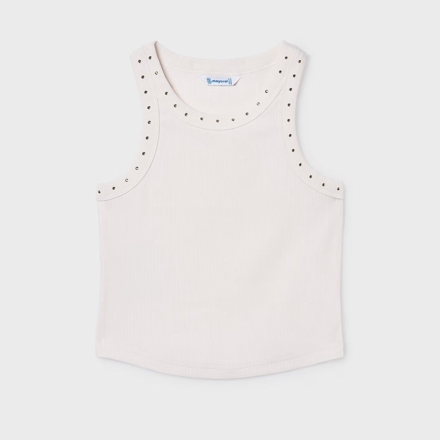 White tank top with decorative embellishments around neckline