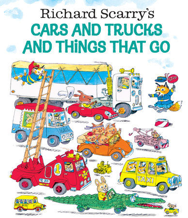 Illustrated book cover of 'Richard Scarry's Cars and Trucks and Things That Go' with colorful vehicles and animals.