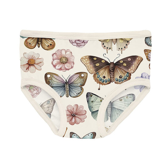 Butterfly and flower patterned underwear on a white background