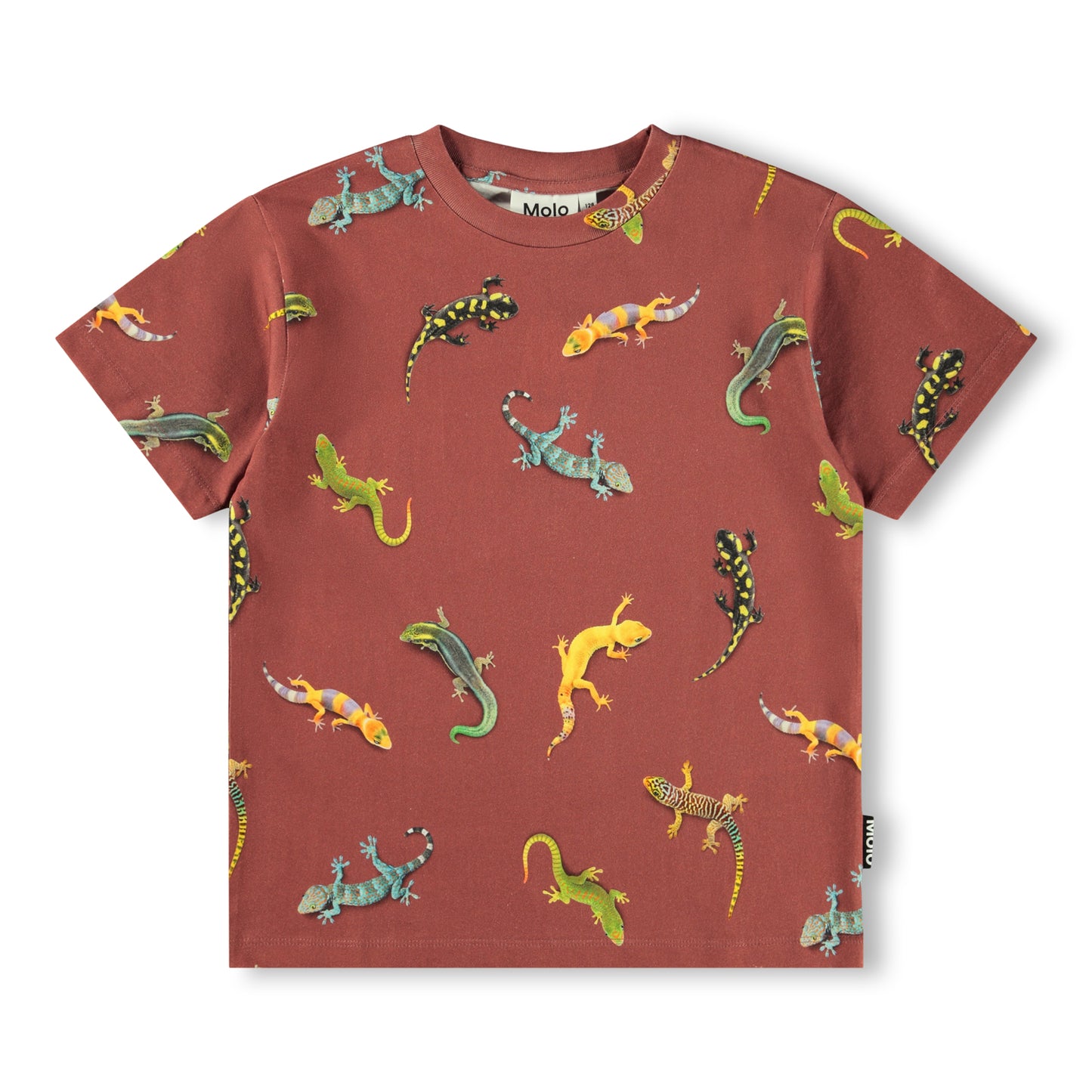 Red t-shirt with colorful lizard pattern
