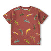 Red t-shirt with colorful lizard pattern
