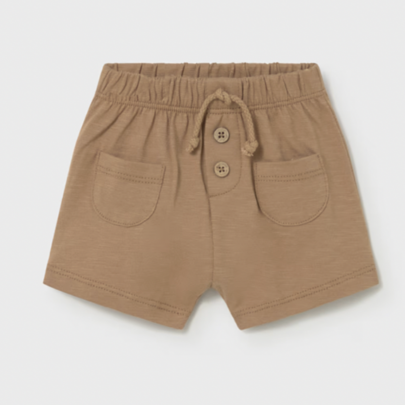 Brown shorts with button details on a white background