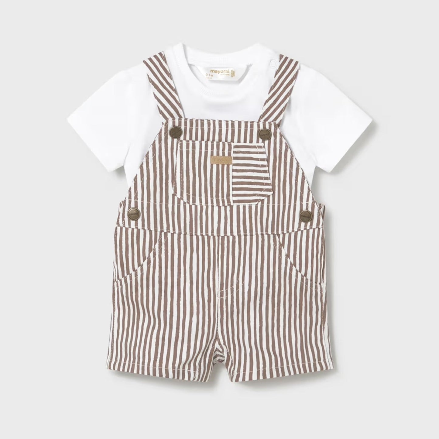 Brown Striped overalls with a white shirt 