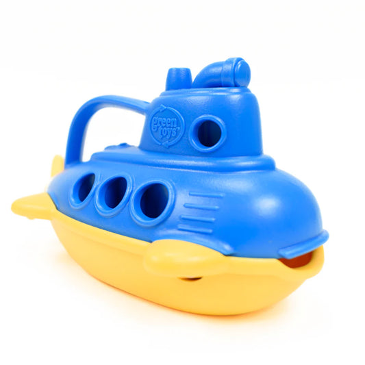 A blue and yellow plastic submarine toy with a carrying handle, photographed on a clean white background.