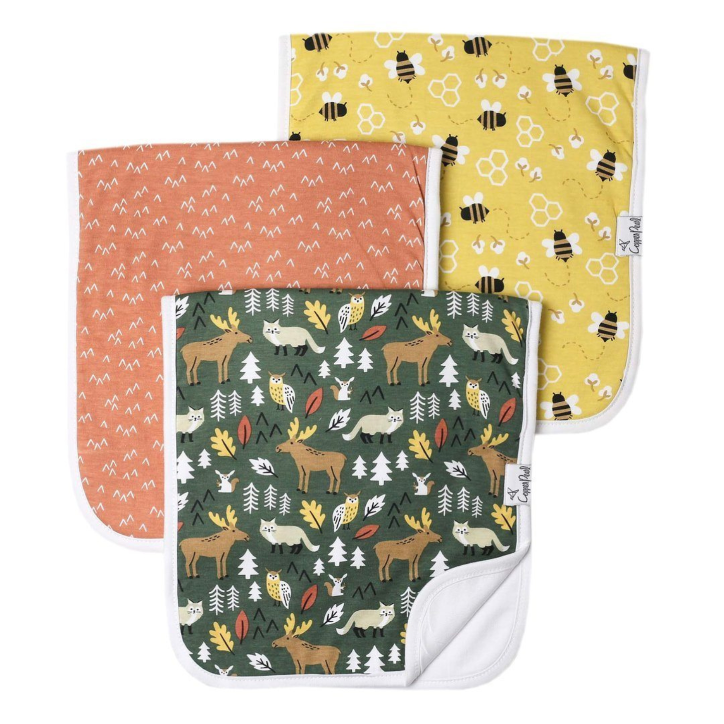 Three baby burp cloths with bees and woodland prints