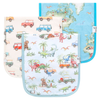 Three burp cloths featuring dinosaurs, vehicles, and map prints
