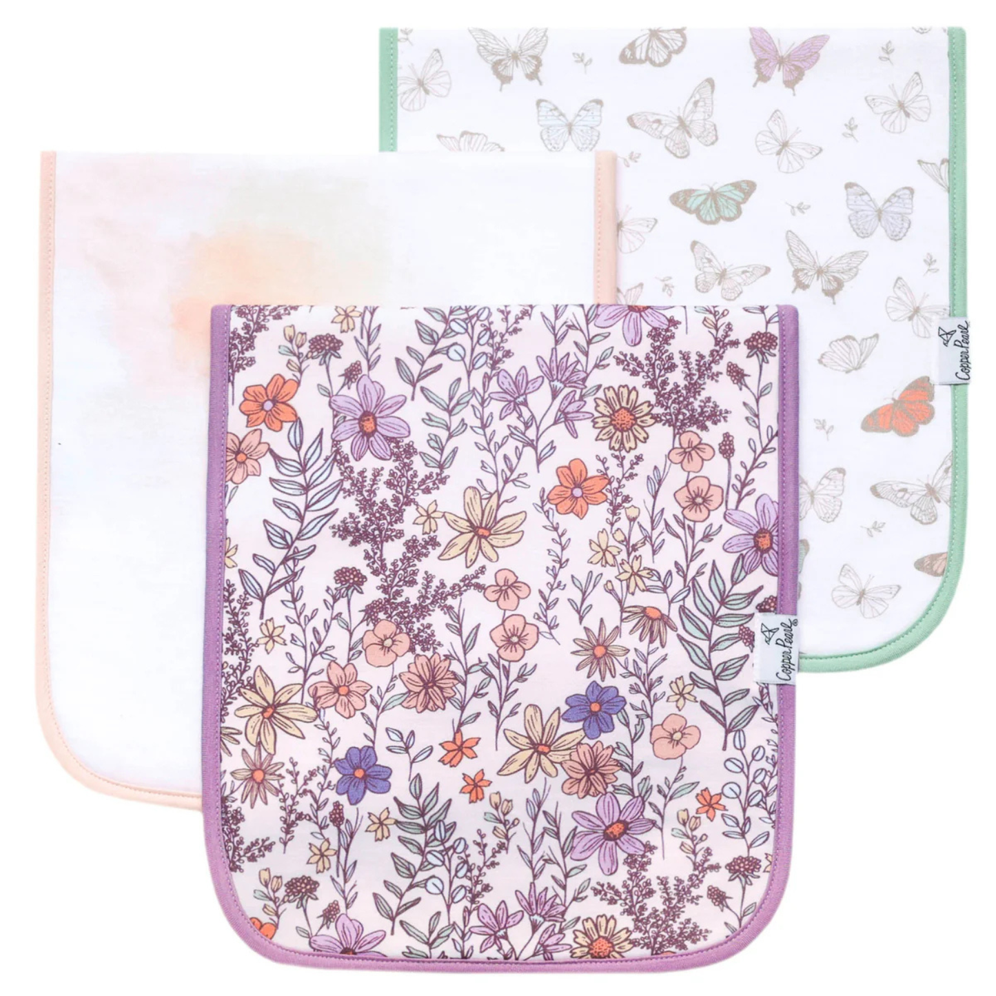 Three baby burp cloths with floral and butterfly prints