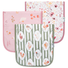 Three burp cloths with floral, duck, and chicken prints