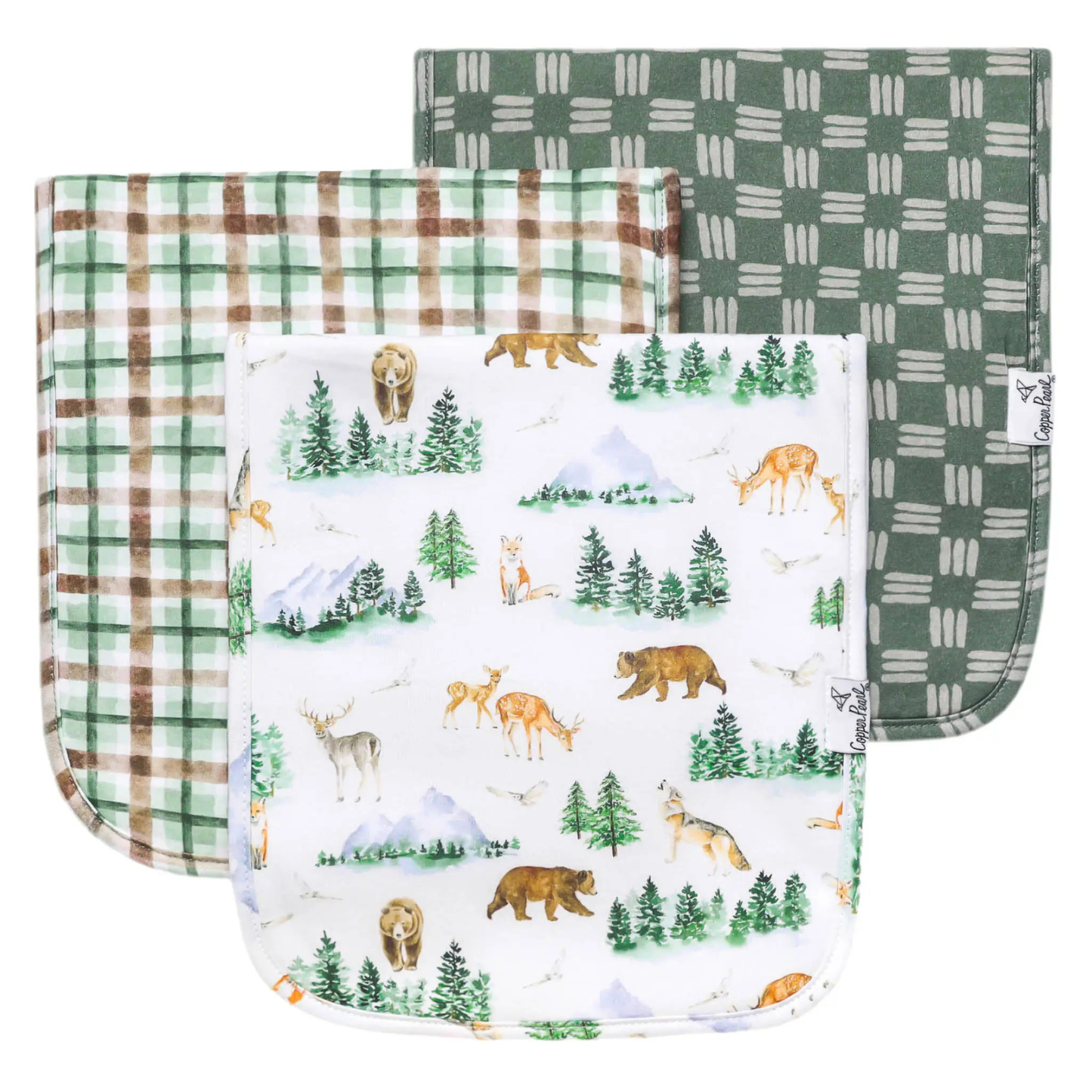 Three baby burp cloths with woodland animal and plaid prints