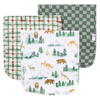 Three baby burp cloths with woodland animal and plaid prints