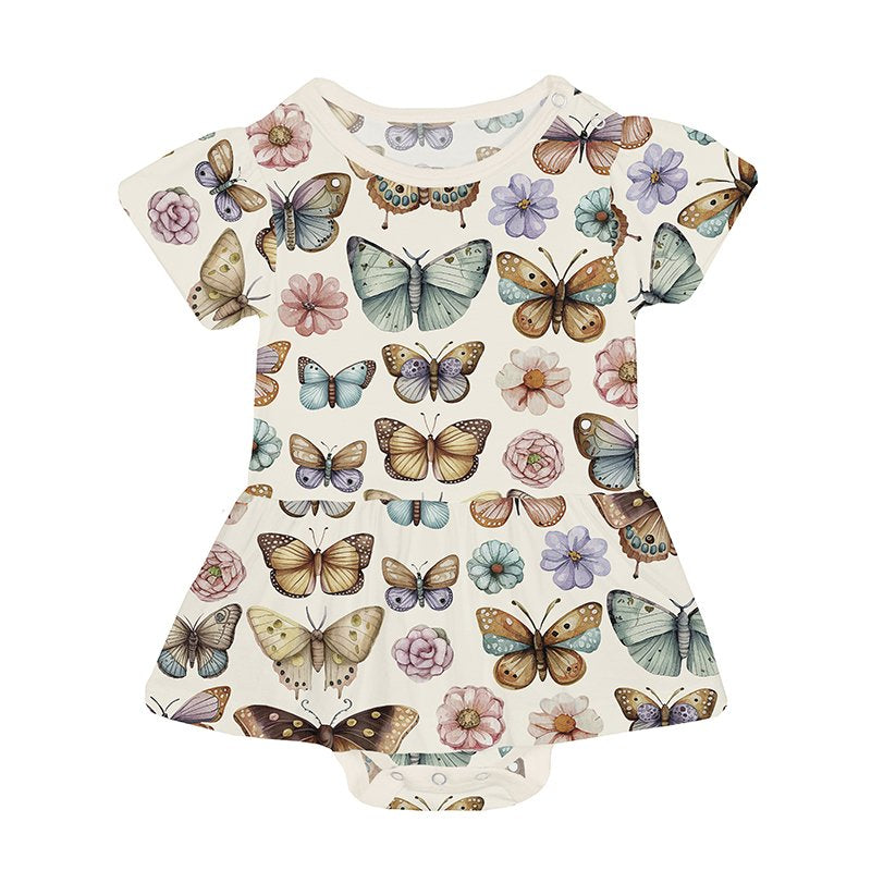 Short-sleeve dress with butterfly and flower pattern on a white background
