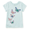 Light blue tee with five butterflies flitting around