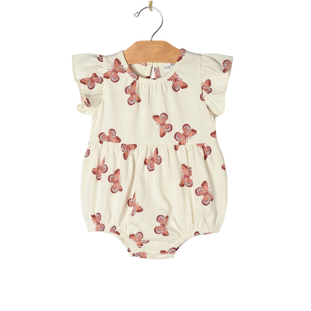 Baby romper with butterfly pattern on a hanger 