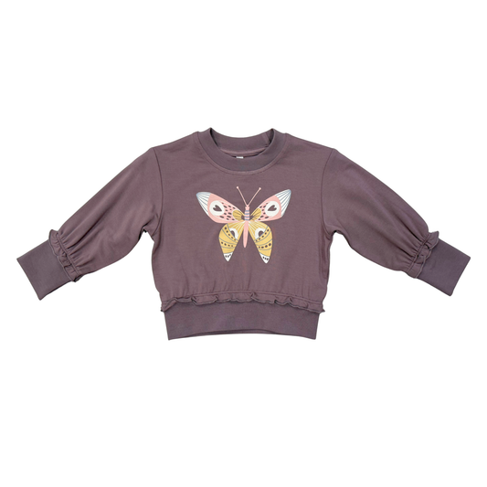 A dusty purple long-sleeve sweatshirt for kids, featuring a colorful butterfly graphic on the chest and ruffled trim at the hem and cuffs, shown against a plain white background.