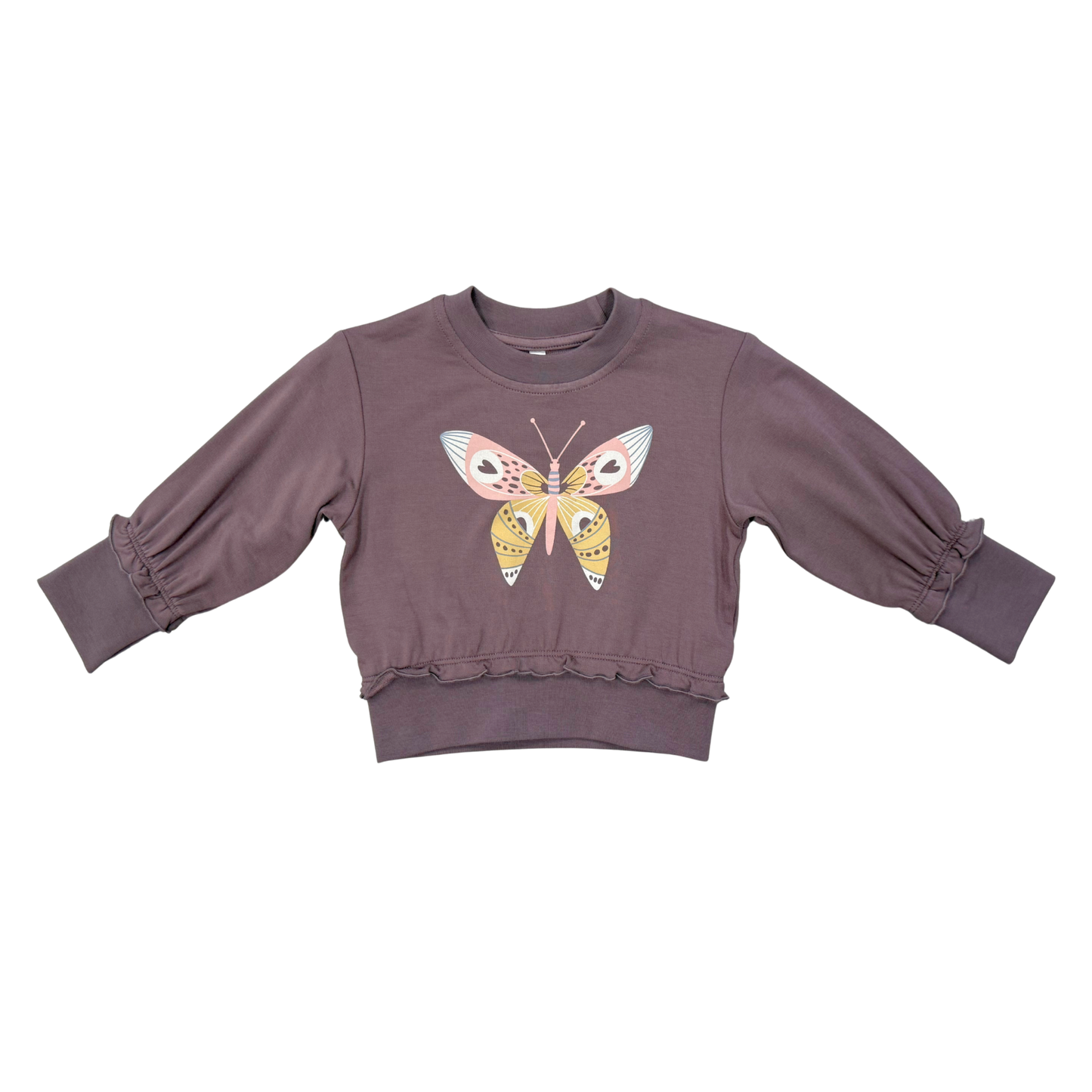 A dusty purple long-sleeve sweatshirt for kids, featuring a colorful butterfly graphic on the chest and ruffled trim at the hem and cuffs, shown against a plain white background.
