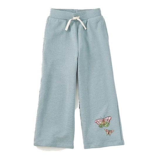 Light blue wide-leg sweatpants with a white drawstring and embroidered butterflies on the lower left leg, shown flat on a white background.