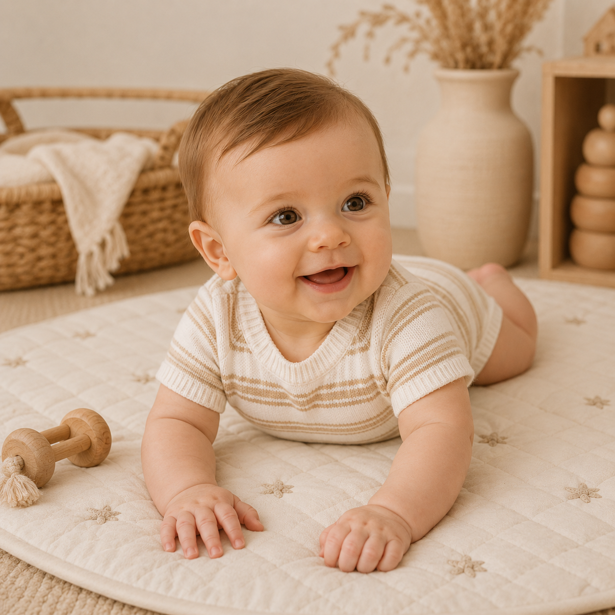 Baby wearing a knit brown and white stripe onesie