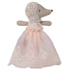 Toy mouse in a lace dress and bonnet on a white background