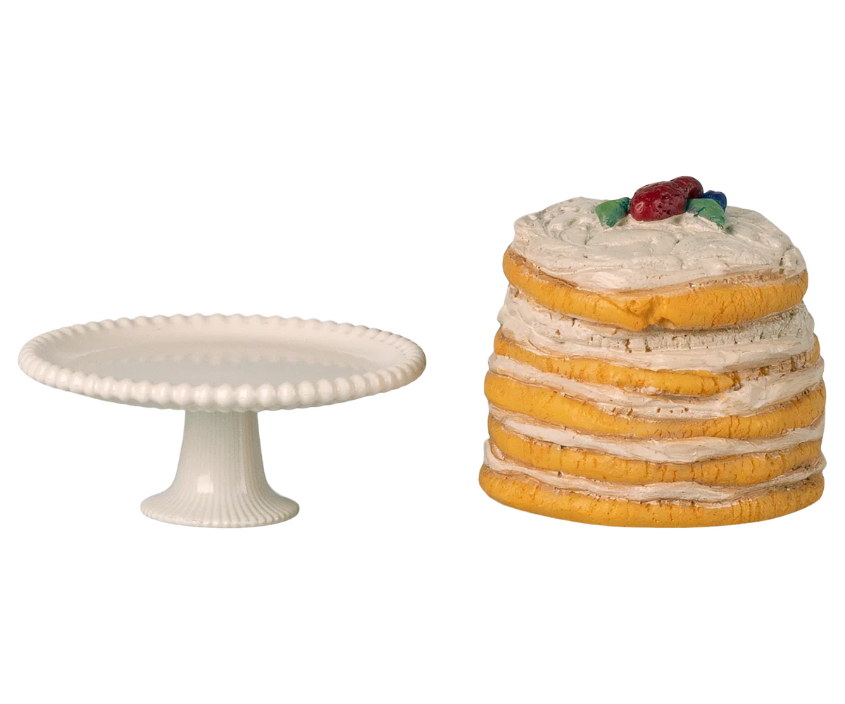 Maileg mouse party cake on stand shown from another angle