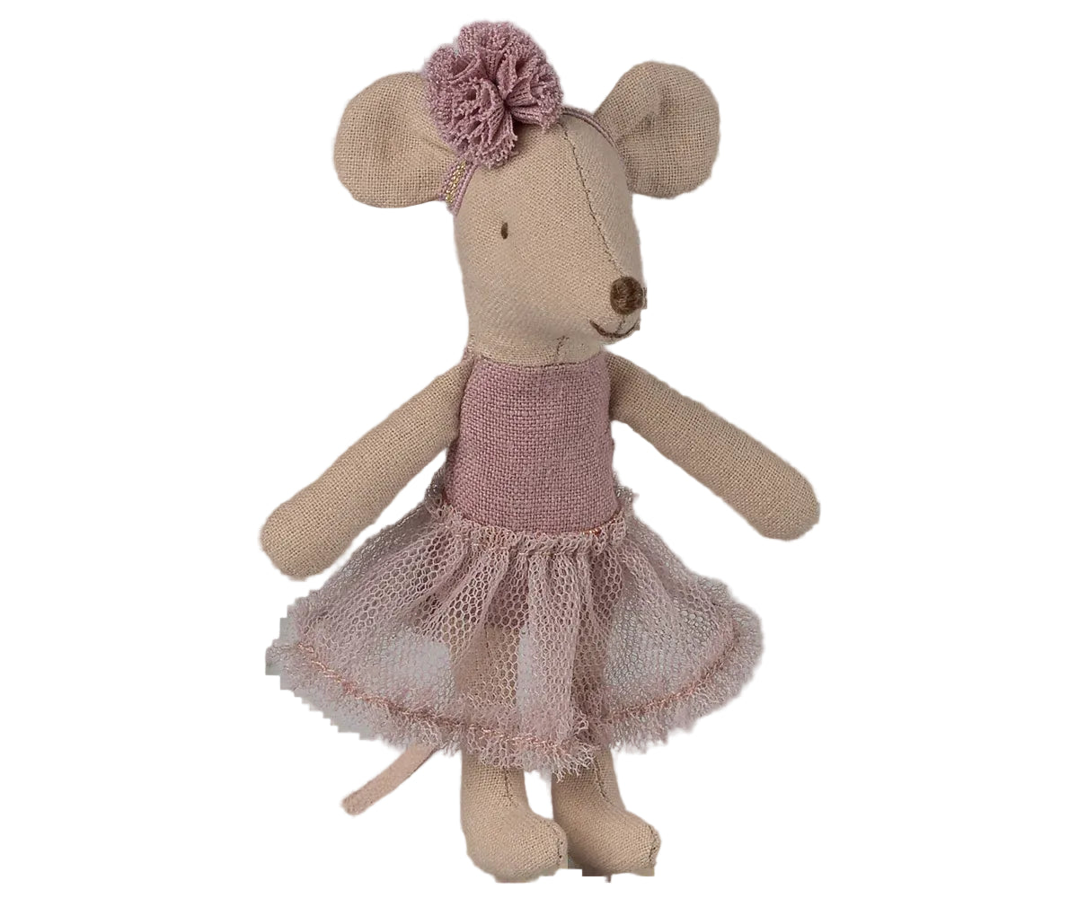 Stuffed mouse toy with a pink dress and flower headband on a white background