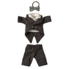 Doll outfit with jacket, pants, and bow tie on a white background