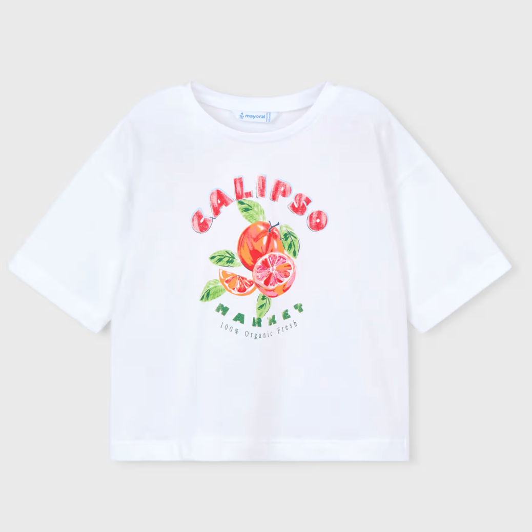 White t-shirt with 'Calipso' graphic design and oranges