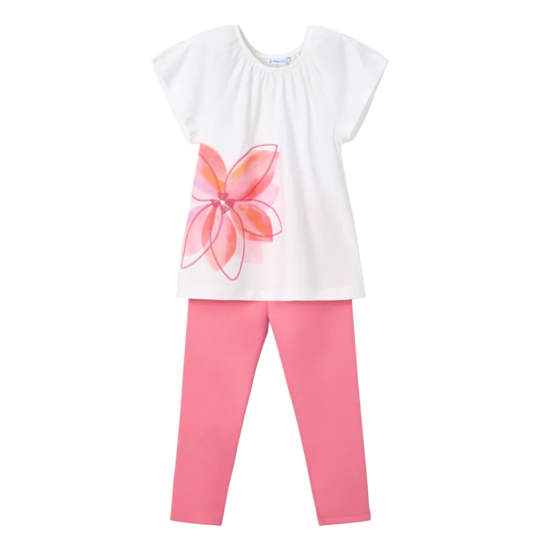 White top with a pink floral design and pink solid leggings
