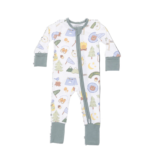 Baby romper with camping themed print on a white background