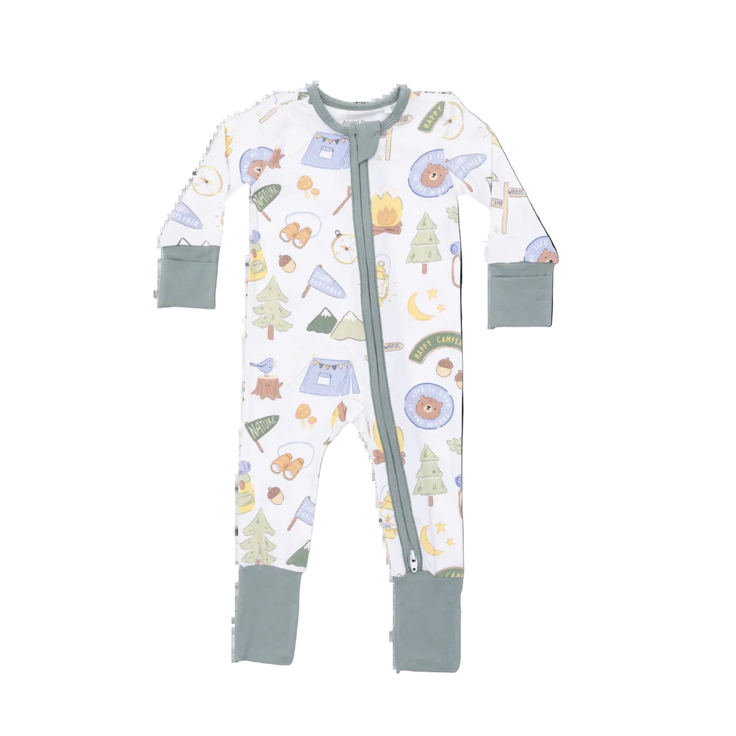 Baby romper with camping themed print on a white background