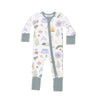Baby romper with camping themed print on a white background