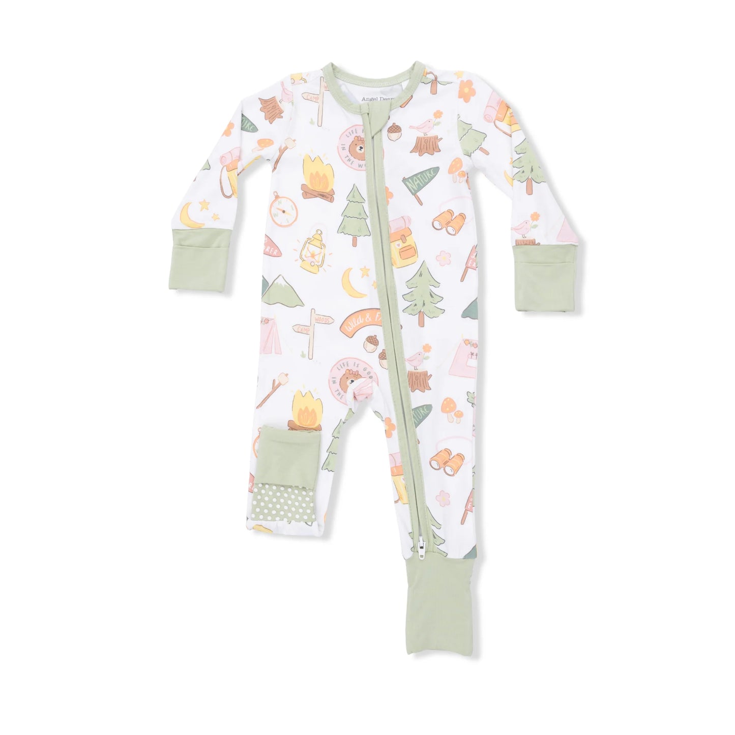 Baby footie with forest animal and camping pattern