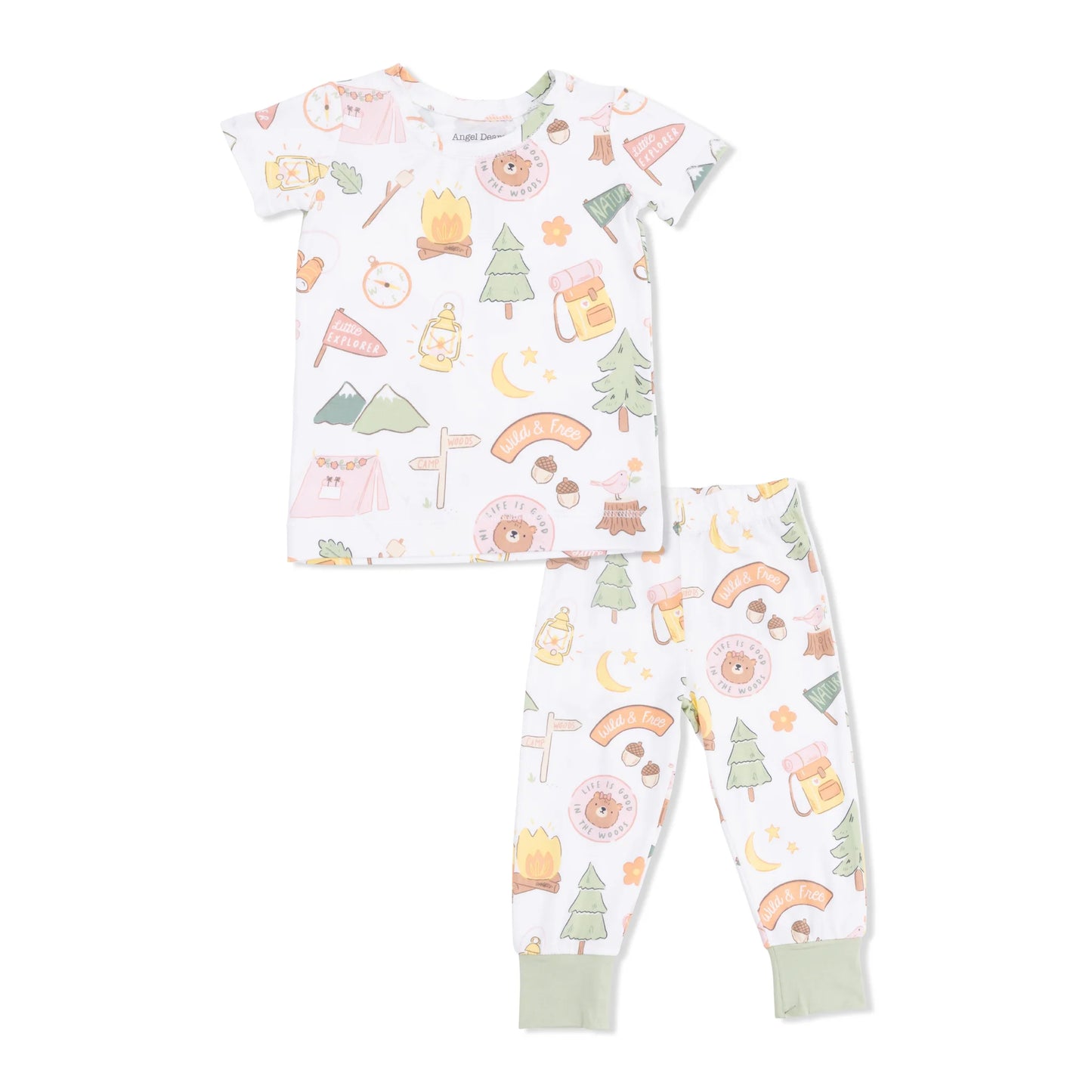 White lounge set with pink and green camping pattern
