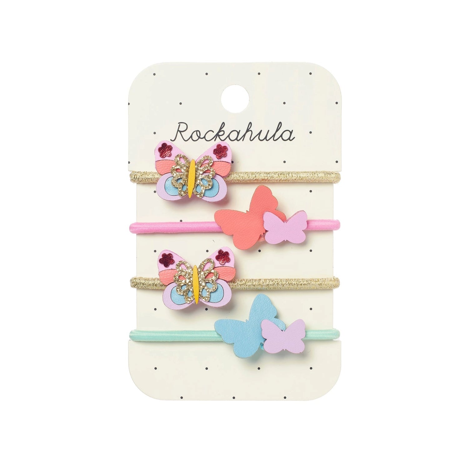 Set of colorful butterfly hair clips on a Rockahula branded card.