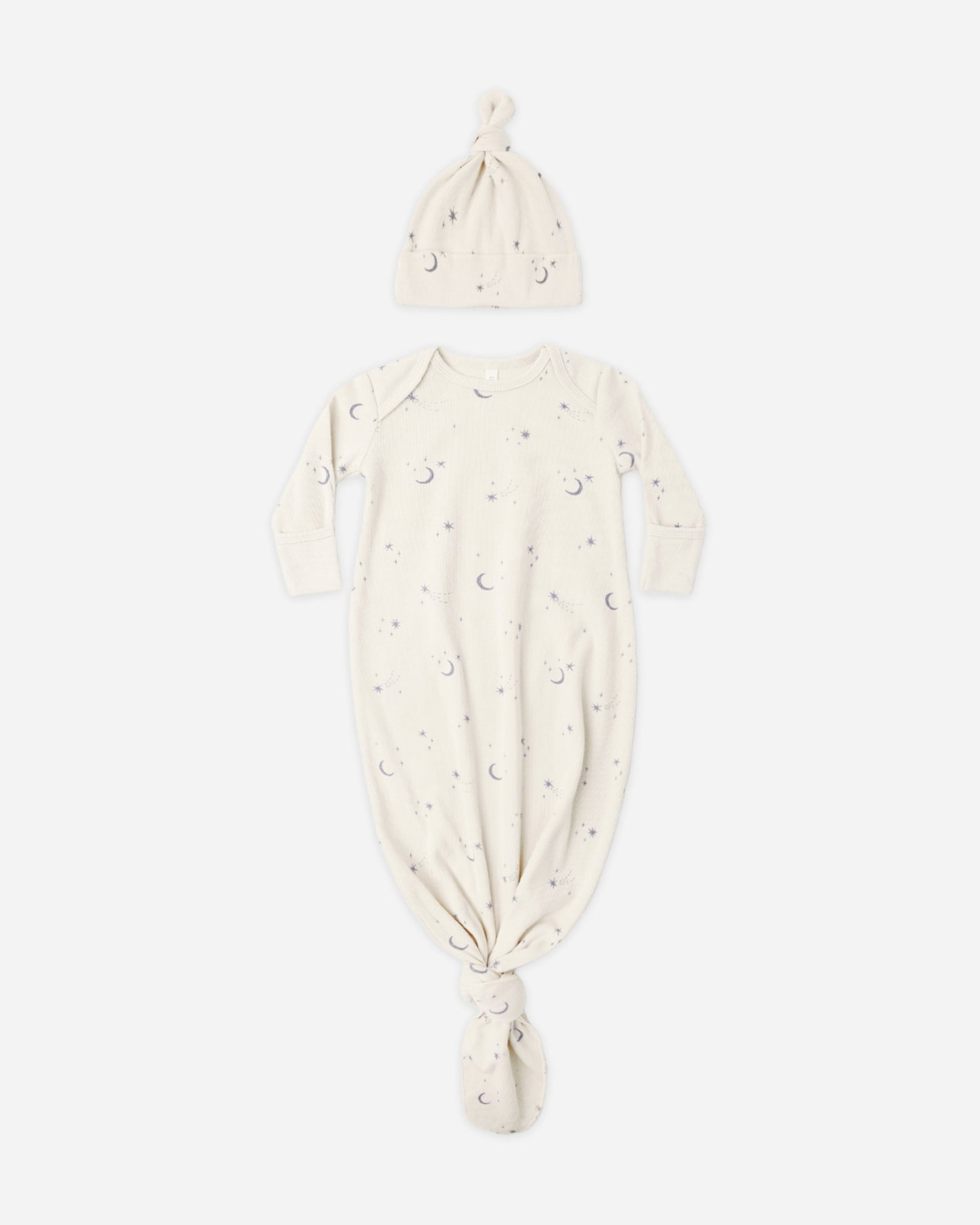 Celestial Gown + Hat flat lay - Quincy Mae organic cotton knotted baby gown and hat set, celestial print