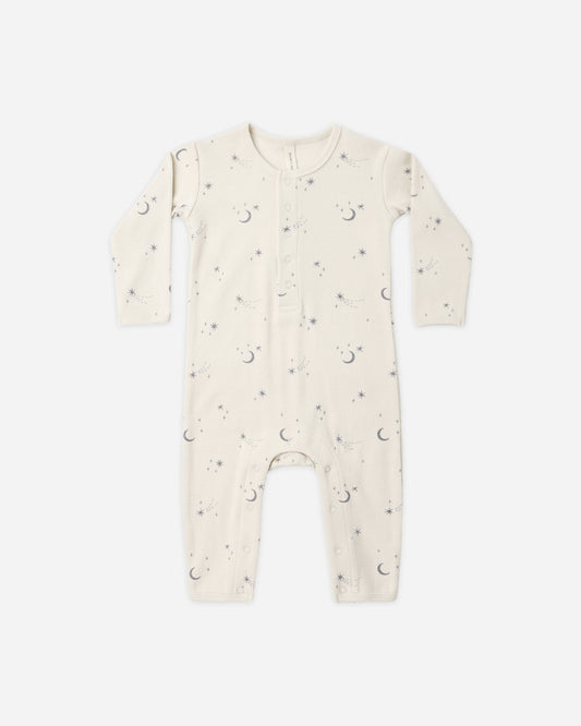 Celestial Ribbed Romper flat lay - Quincy Mae organic cotton ribbed jumpsuit, celestial print