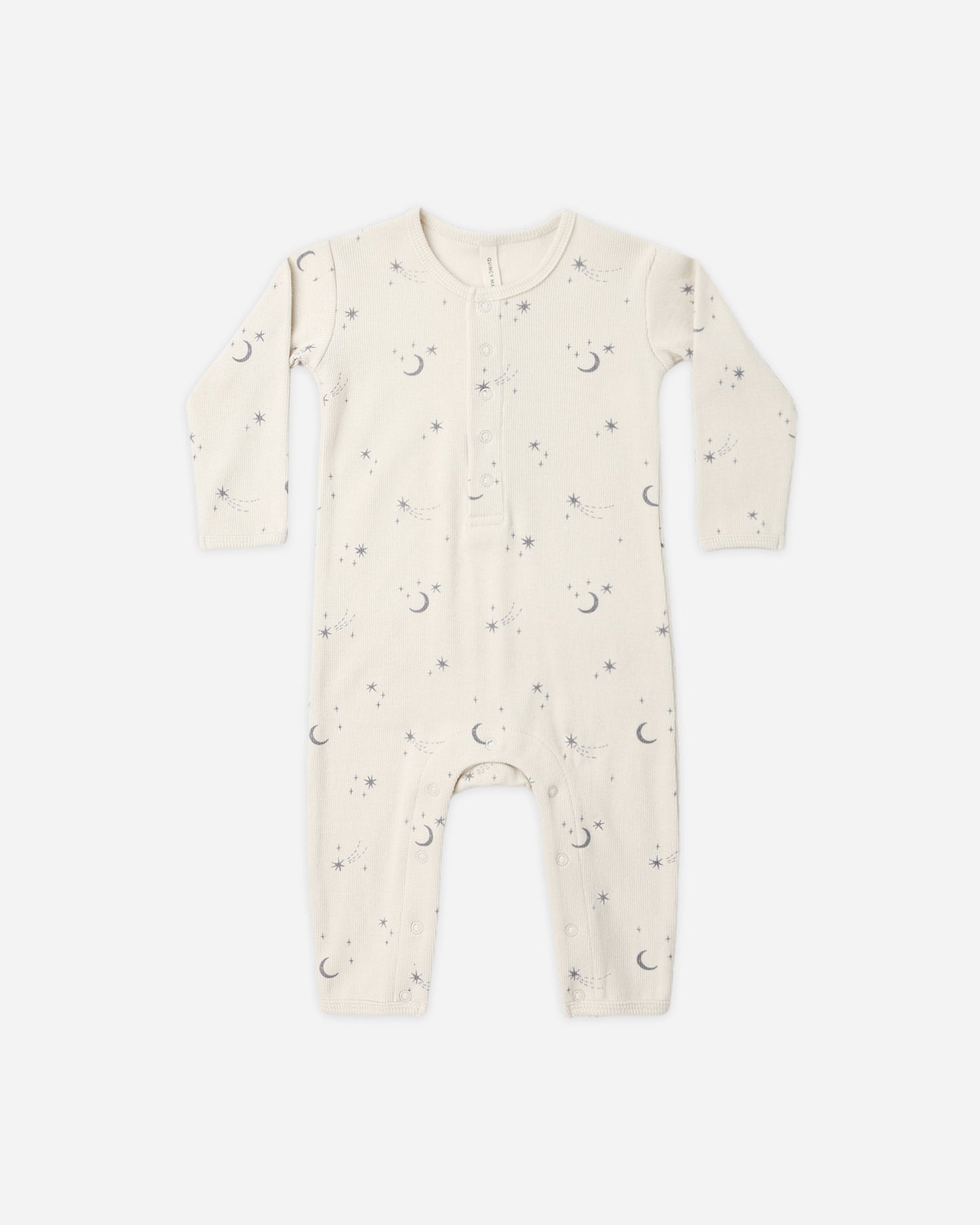 Celestial Ribbed Romper flat lay - Quincy Mae organic cotton ribbed jumpsuit, celestial print