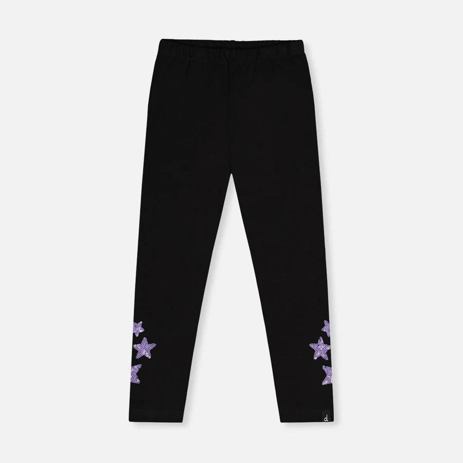 Black cropped leggings with purple embroidered star details on the lower legs, shown flat against a light gray background.